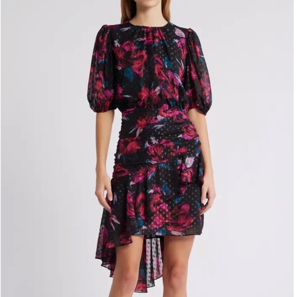 Chelsea28 Metallic Clip Dot Asymmetric Dress Black Tia Floral Pink Teal size XL - Picture 1 of 10